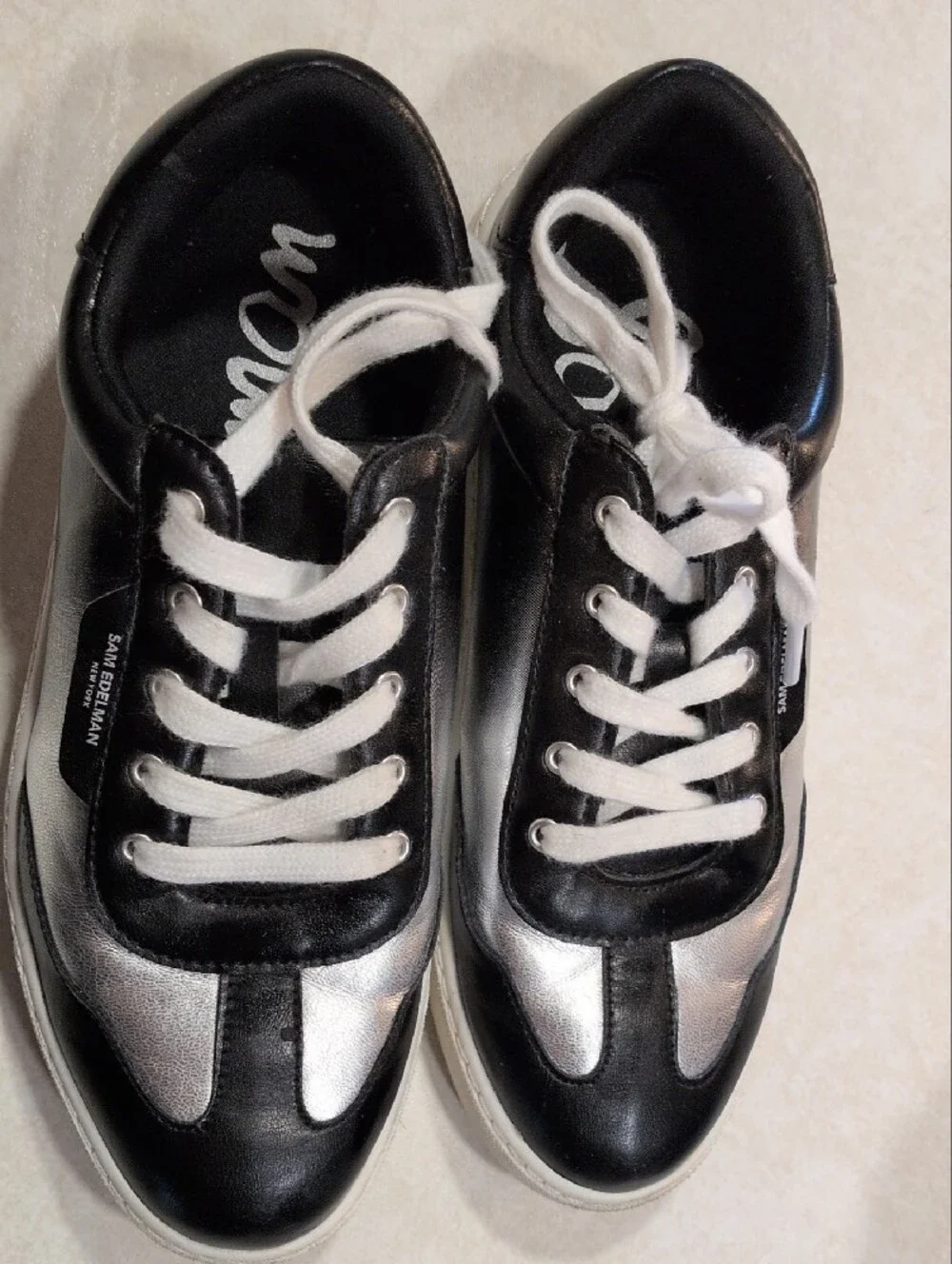 Sam EdelmanBlack and Silver Lace-Up Sneakers with White Soles Size 4